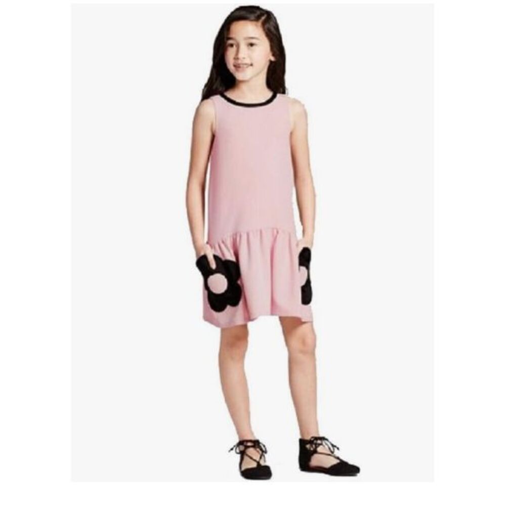 Victoria Beckham Girls Pink Flower Pocket Dress L Spring Drop Waist Girly